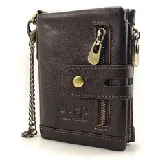 JEEP - Billetera cuero genuino marrón con cadena dorada jeep- hombres