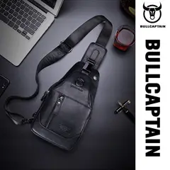 BULLCAPTAIN - Morral crossbody de cuero genuino negro ancho - hombres
