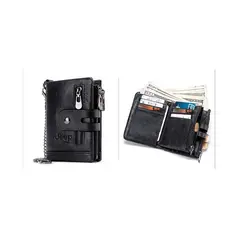 JEEP - Billetera cuero genuino negro con cadena plateada jeep- hombres