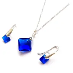 SIFRAH SHOP - Set Collar y Aretes de Plata con Cristal Rombo Azul - Joya Elegante para Regalo Especial
