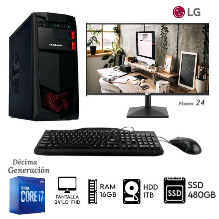 COMPUTADORA PC CORE I7-10TH RAM 16GB DISCO 1TB + SSD 480GB MONITOR 24 LG