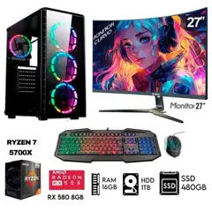 RYZEN - Computadora PC GAMER 7-5700X 16GB Disco1TB+SSD 480GB RX 580 8GB MONITOR 27