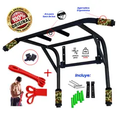 HOLGU - Barra Multifuncional 2 en 1 + bandas croosfit roja + guantes