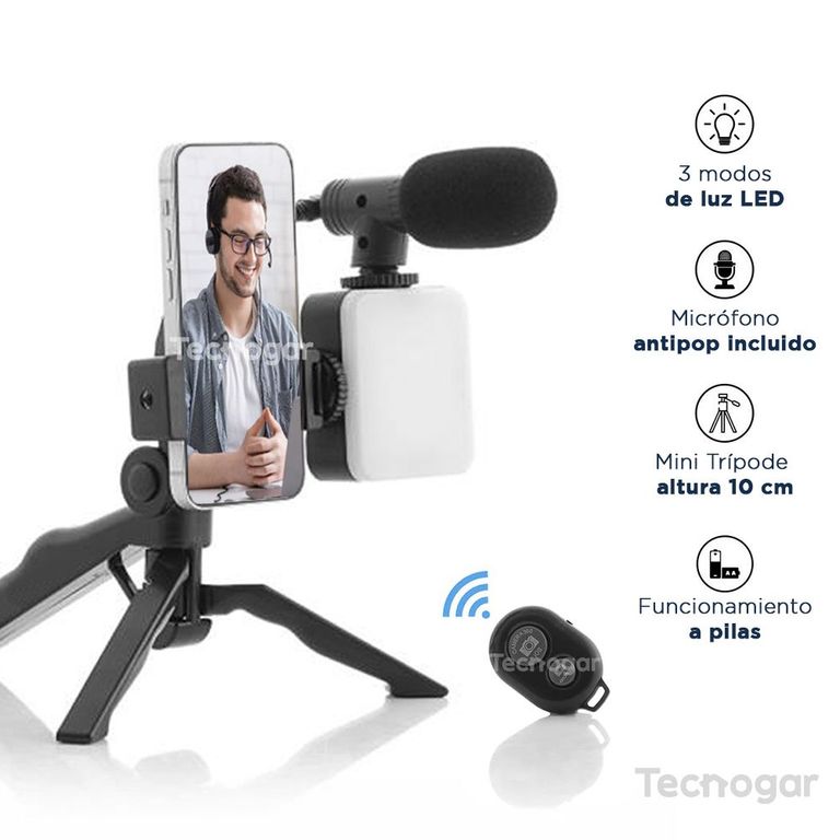 Kit de Grabación Tripode + Micrófono + Control + Luz Led + Soporte