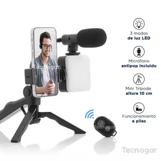 GENERICO - Kit de Grabación Tripode + Micrófono + Control + Luz Led + Soporte