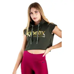 KINETIX - Polera Crop Boxeadora Hoodie Verde Militar Algodón Mujer