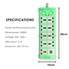 GENERICO - Extensión Toma Corriente USB Cargador + 2Usb 1.80m 9 sockets Verde
