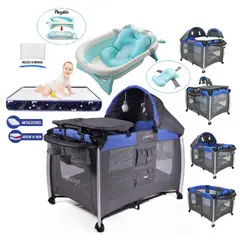 EBABY - Cuna Corral Lauren Azul y Colchón Azul Marino y Tina Azul
