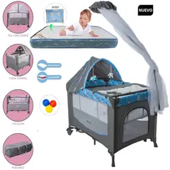 EBABY - Cuna Corral Dacora Azul y Colchón Gris con Pelotas