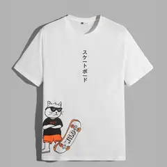 YANSUS - Polo Blanco Hombre Estampado Gato Japones