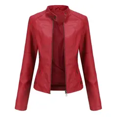 GENERICO - Chaqueta tipo cuero mujer pu saco chaquetas para mujer-rojo