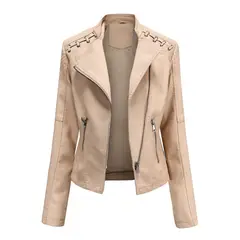 GENERICO - Chaqueta tipo cuero mujer pu saco chaquetas para mujer-beige