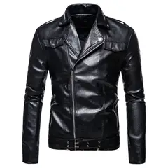 GENERICO - Chaqueta de pu con cremallera ajustada para hombre de otoño negro