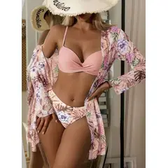 BLWOENS - Ropa de baño bikini push up con estampado de planta - 3 piezas