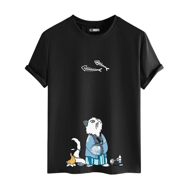Polo Hombre Negro Estampado Gato
