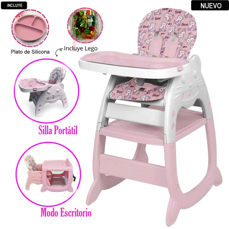 Silla Carpeta Gato 3 en 1 Rosado con Plato y Lego