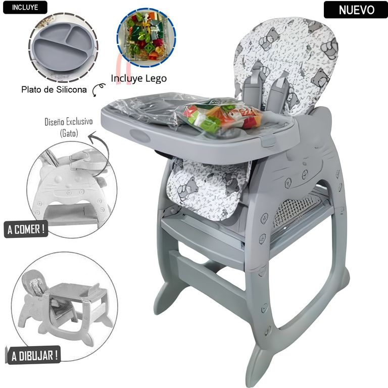 Silla Carpeta Gato 3 en 1 Gris con Plato y Lego