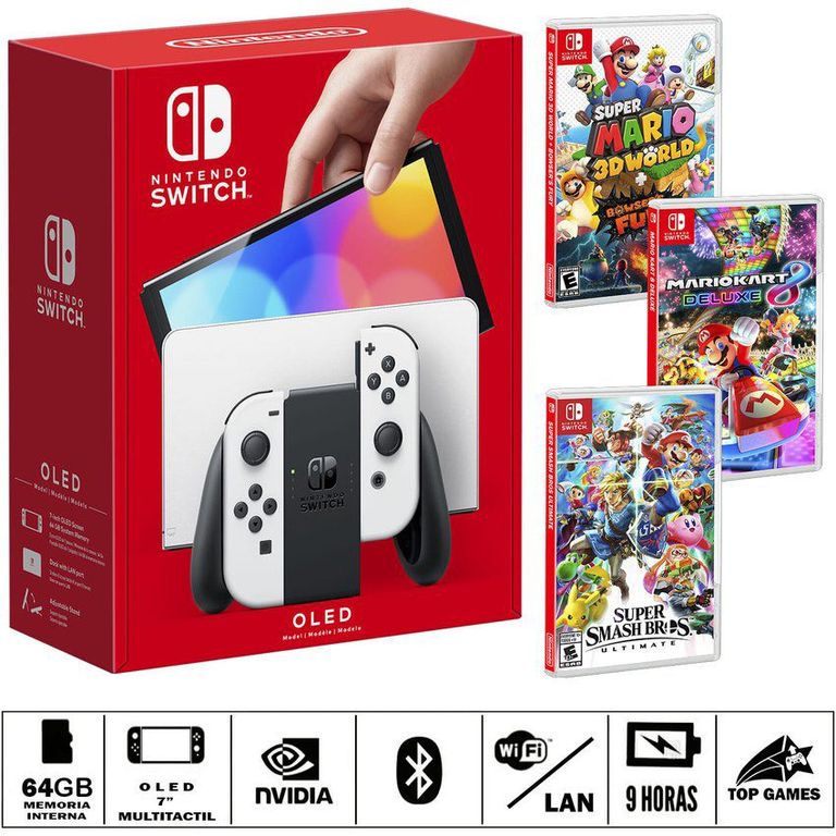 Consola switch oled blanca + smash b + m kart + m 3d world
