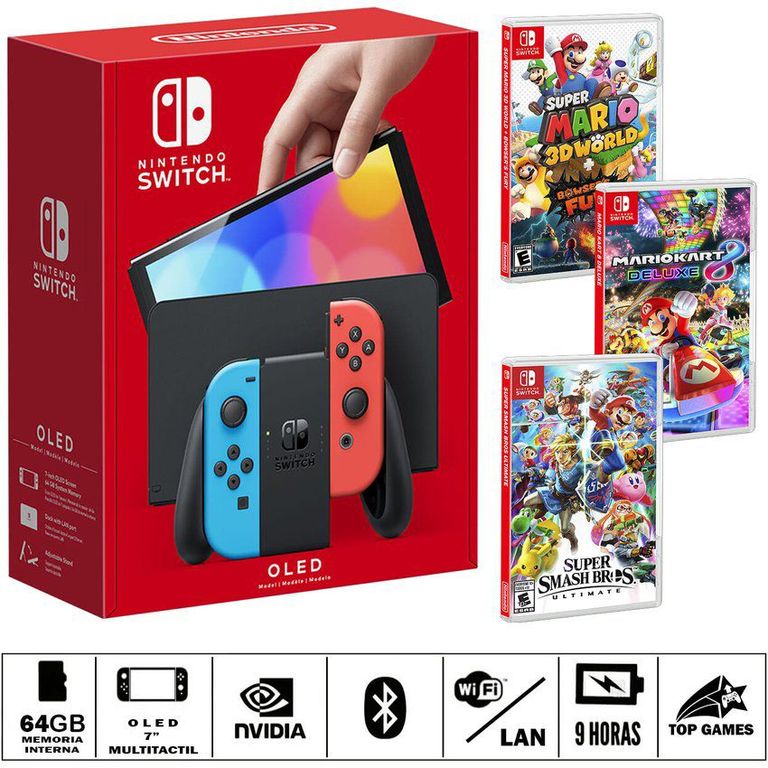 Consola switch oled neon + smash bros + m. kart + m. 3d world