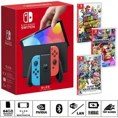 NINTENDO - Consola switch oled neon + smash bros + m. kart + m. 3d world