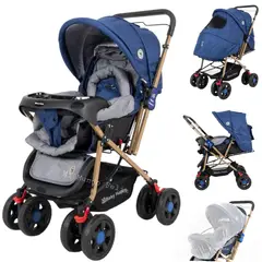 BABY HAPPY - COCHE DE BEBE CON BANDEJA Y MANGO REVERSIBLE AZUL
