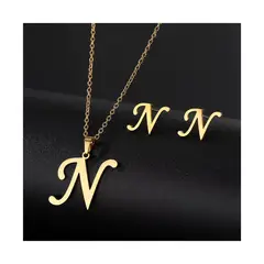 SIFRAH SHOP - Collar y Aretes de Acero Dorado Dije Letra Inicial N Con Caja