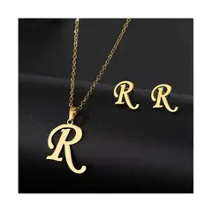 SIFRAH SHOP - Collar y Aretes Inicial “R” Acero Dorado para Mujer Set Personalizado + Presentación para Regalo