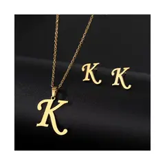 SIFRAH SHOP - Collar y Aretes de Acero Dorado Dije Letra Inicial K Con Caja
