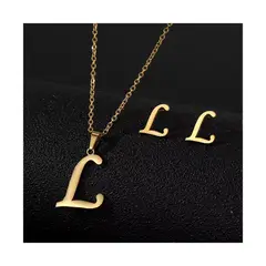 SIFRAH SHOP - Collar y Aretes de Acero Dorado Dije Letra Inicial L Con Caja