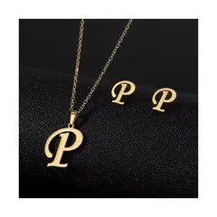 SIFRAH SHOP - Collar y Aretes Inicial “P” Acero Dorado para Mujer Set Personalizado + Presentación para Regalo