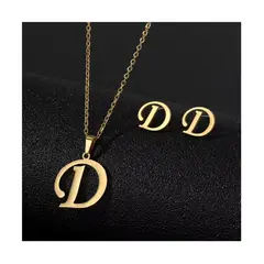SIFRAH SHOP - Collar y Aretes de Acero Dorado Dije Letra Inicial D Con Caja