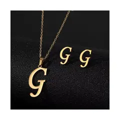 SIFRAH SHOP - Collar y Aretes de Acero Dorado Dije Letra Inicial G Con Caja