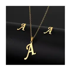 SIFRAH SHOP - Collar y Aretes de Acero Dorado Dije Letra Inicial A Con Caja