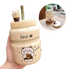 ELMEJORPRECIO - Vaso Tomatodo De Ceramica De 500ml Con tapa U sorbete Kawai Bear 1