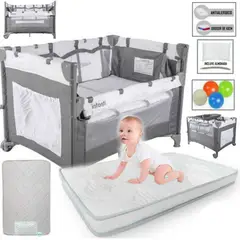 INFANTI - Corral Cuna Always Together PLOMO + Colchón para bebe BLANCO