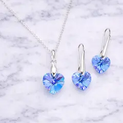 SIFRAH SHOP - Set Collar y Aretes de Plata con Cristal Corazón Celeste - Joya Elegante para Regalo Especial