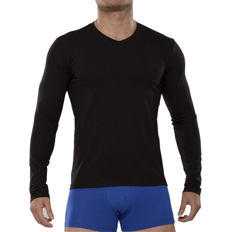 Polo Manga Larga Cuello V Negro