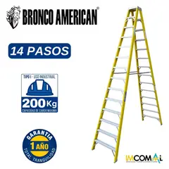 BRONCO AMERICAN - Escalera Fibra de Vidrio Tijera Doble Ascenso de 14 Pasos.