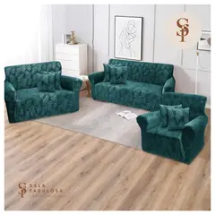 SALA FABULOSA - Funda de mueble 3-2-1 con 6 fundas de cojin terciopelo labrado JADE