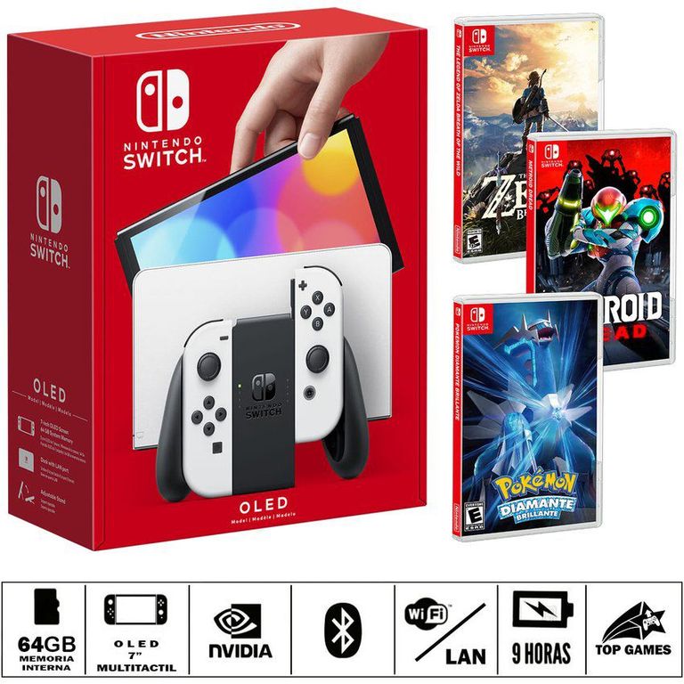Consola switch oled blanca + p diamante + metroid + zelda b