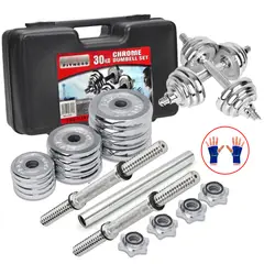 GENERICO - Juego mancuernas cromadas de 30 kg con barra acople + guantes