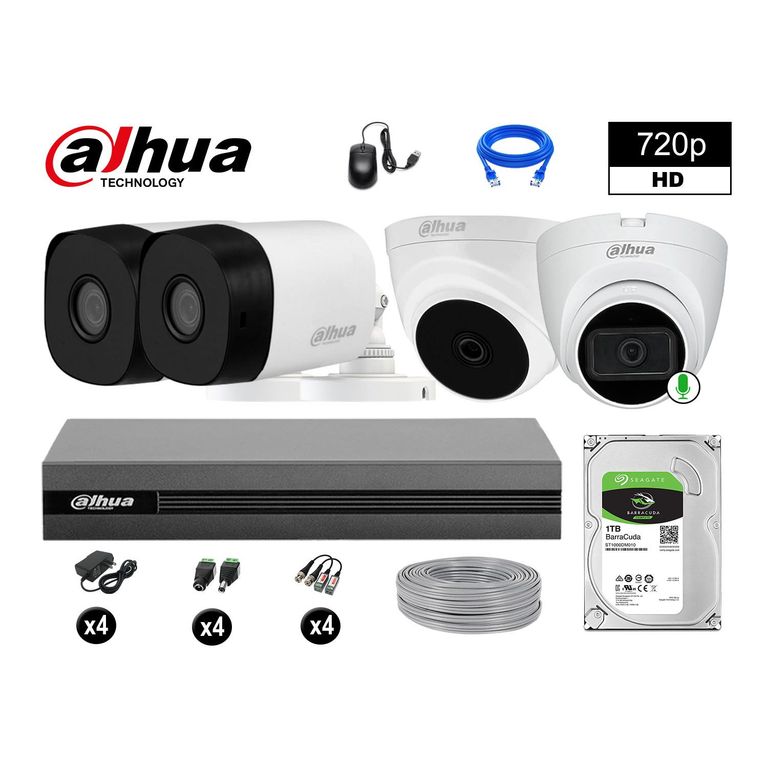 CÁMARAS SEGURIDAD KIT 4 HD 720P 1TB 1 CÁMARA CON AUDIO COMPLETO