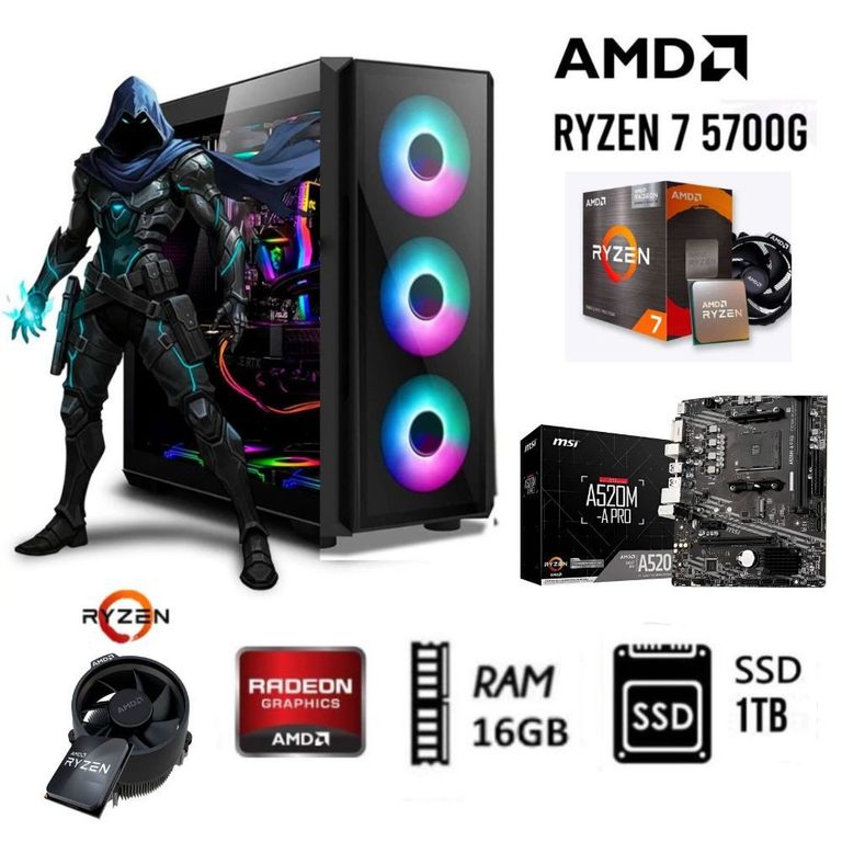 COMPUTADORA PC GAMER RYZEN 7 5700G 3.2Ghz Ram 16GB + Disco SSD 1TB, CASE 500W
