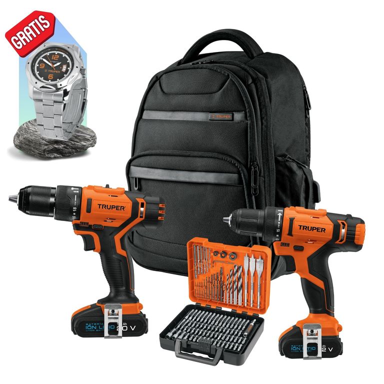 Taladro percutor atornillador 20V y 12V +100 brocas +mochila
