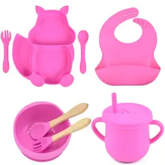 OEM - Platos para bebes plato de silicona bebe + babero vaso + cubiertos Fucsia