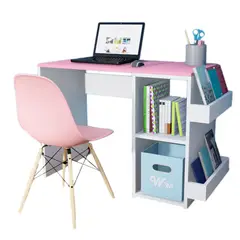 WONDER WOOD MUEBLERIA - Escritorio Harvey con 2 compartimientos y 2 portalibros Blanco/Rosado + Silla