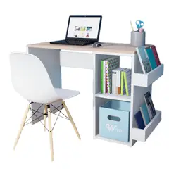 WONDER WOOD MUEBLERIA - Escritorio Harvey con 2 compartimientos y 2 portalibros Blanco/Natural + Silla