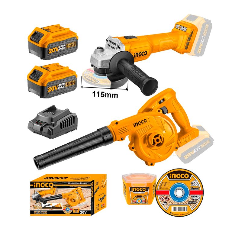 Amoladora 20v + Sopladora + 50 Discos x2 Baterías 4Ah Cosli2211315