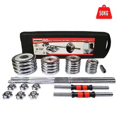 YORK - Mancuernas de 50 kg cromadas + Barra de 150cm Set Power