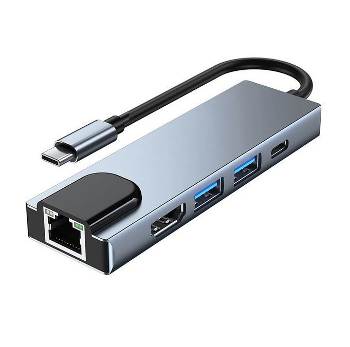 Hub Tipo C 5en1 - Usb Hdmi y Lan - Para Macbook y Windows -